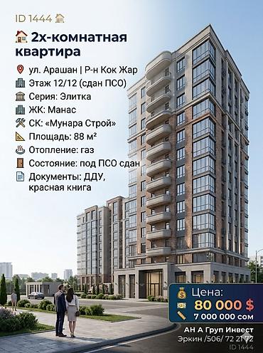 2 комнаты, 88 м², Кок-Жар ж/м Элитка, 12 этаж, ПСО (под самоотделку)