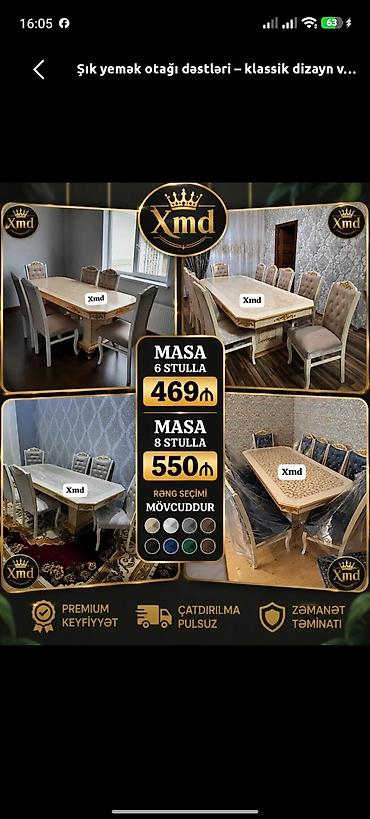 metbex kunc divani: Qonaq otağı üçün, Yeni, Açılmayan, Dördbucaq masa, 6 stul — 1