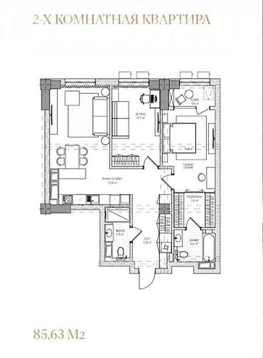 86: 2 комнаты, 86 м², Асанбай мкр Элитка, 11 этаж, ПСО (под самоотделку) — 3