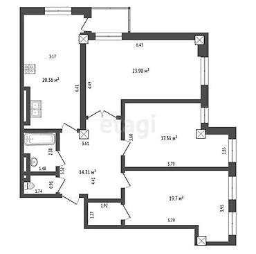 горам: 3 комнаты, 105 м², АУЦА Элитка, 3 этаж, ПСО (под самоотделку) — 1