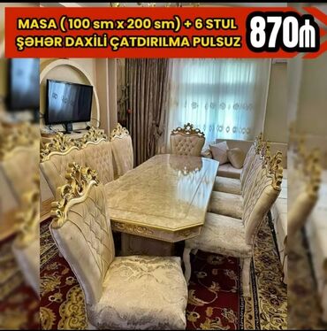 Masa və oturacaq dəstləri: Qonaq otağı üçün, Yeni, Açılmayan, Dördbucaq masa, 6 stul