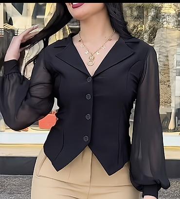 bluzka: Qadınlar üçün qara bluzka - Dizayn: V-yaxa, klassik yelkənli yaxalıq; — 1