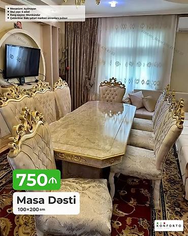 Masa Dəsti – 100×200 sm - Şık klassik üslubda yemək masası və 6
