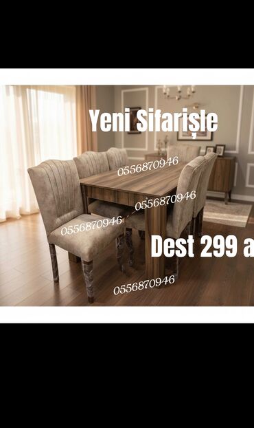 Masa və oturacaq dəstləri: Qonaq otağı üçün, Yeni, Açılmayan, Dördbucaq masa, 6 stul — 1