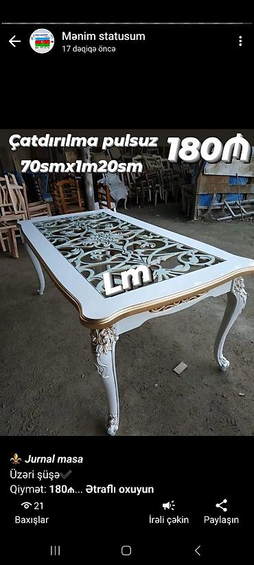susə stollar: ⚜️ *_Jurnal masa_* Üzəri şüşə✔️ Qiymət: *180₼* Ölçü: *70smx1m20sm* — 1