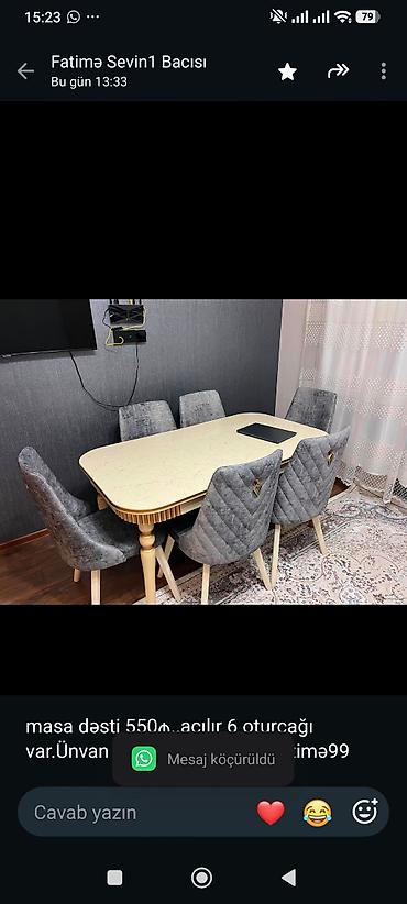 Masa dəsti 550₼. açılır 6 oturcağı var.Ünvan Nərimanov. 0100. Fatimə99