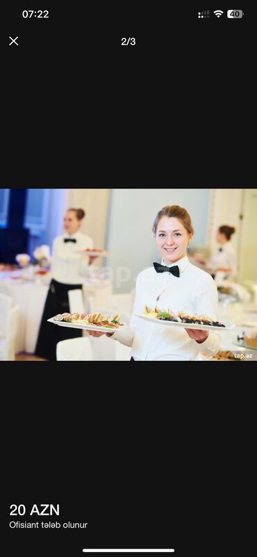 Ofisiantlar: Ofisiant tələb olunur, Restoran, Gündəlik ödəniş, 18-29 yaş, 1-2 illik təcrübə