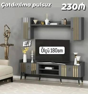 divar ref: TV stendi və asma dolab dəsti - Ümumi ölçü: 180 sm - Rəng: tünd boz — 1