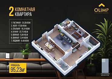 2 комнаты квартиры: 2 комнаты, 95 м², Ботанический сад Элитка, 3 этаж, ПСО (под самоотделку) — 2