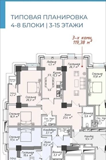 аалам строй псо: 3 комнаты, 119 м², Элитка, 3 этаж, ПСО (под самоотделку)