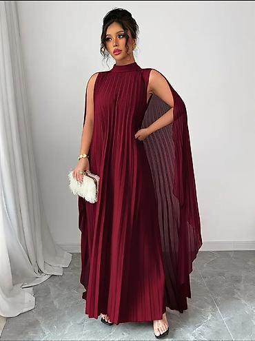 Bordo rəngli, plissé detallı maxi ziyafət donu - Model: qolsuz