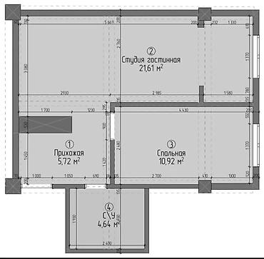 1 bedroom: 1 комната, 43 м², Манаса/Боконбаева Элитка, 5 этаж, ПСО (под самоотделку) — 2