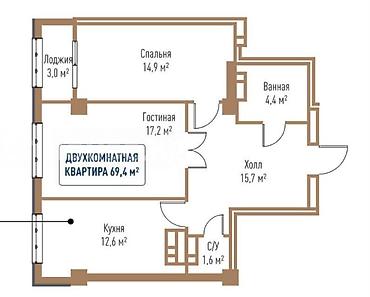 2 комнаты, 69 м², ул. Горького / Панфилова Элитка, 10 этаж, ПСО (под самоотделку)