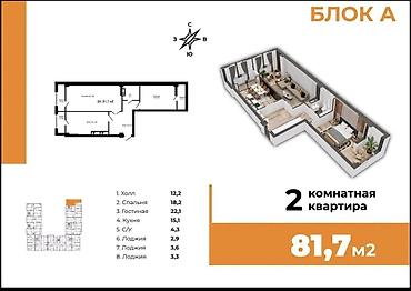 комнатные квартиры: 2 комнаты, 82 м², Аламедин-1 мкр Элитка, 7 этаж, ПСО (под самоотделку) — 4