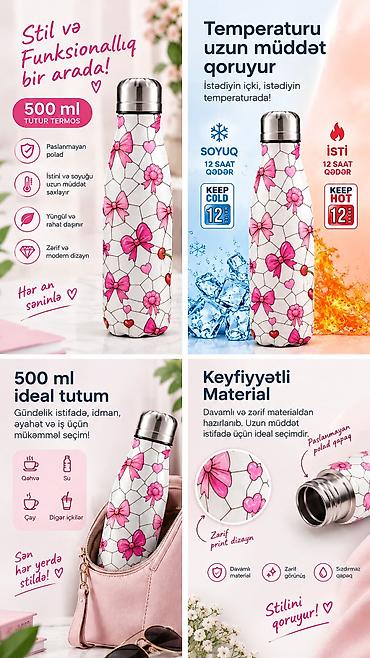 ana ari: Rəng - Çəhrayı, Termos, Paslanmayan polad, 0,5 bucket volume l — 1