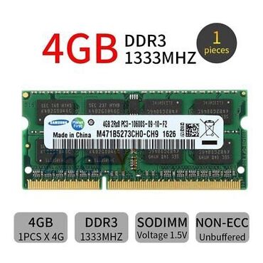 diz üstü kompüterlər: Operativ yaddaş (RAM) Samsung, 4 GB, 1333 Mhz, DDR3, Noutbuk üçün, Yeni