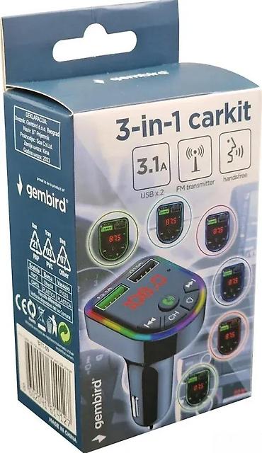 Audio oprema za auto: Gembird 3‑in‑1 CarKit FM transmiter sa handsfree funkcijom - — 1