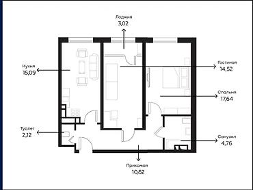 flat osh: 2 комнаты, 67 м², Южная Магистраль Элитка, 2 этаж, Евроремонт — 1