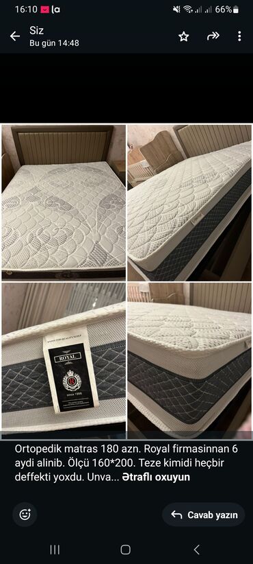 royal mebel: Ortopedik matras 180 azn. Royal firmasinnan 6 aydi alinib. Ölçü