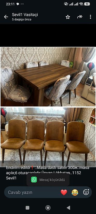 Мебель: Endirim edildi❗. Masa dəsti satılır 300₼. masa açılır,6 — 1