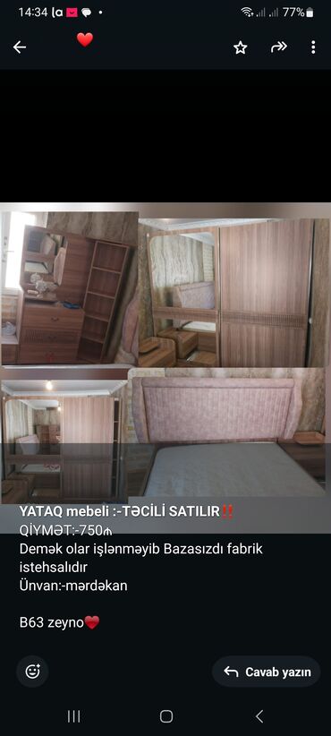 Yataq otağı dəstləri: *YATAQ mebeli :-TƏCİLİ SATILIR*‼️ QİYMƏT:-750₼ Demək olar işlənməyib