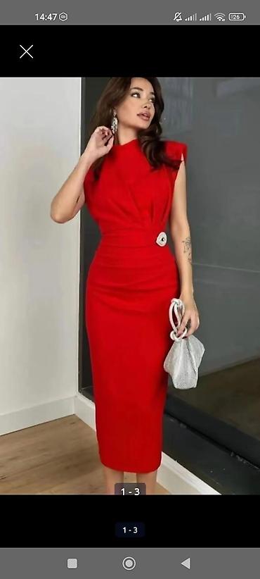 Qadın geyimləri: Qırmızı midi don – zərif və eleqant siluet - Model: bel vurğulu — 3