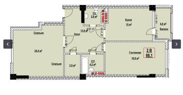 строка продажа квартир в бишкеке: 2 комнаты, 88 м², Элитка, 1 этаж, ПСО (под самоотделку)