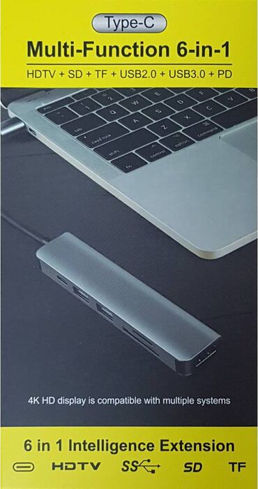купить зарядку для ноутбука: Хаб 6 in 1 - Type-С to USB3.0 x 2 + PD x 1 + SD-TF x 1 + LAN x 1