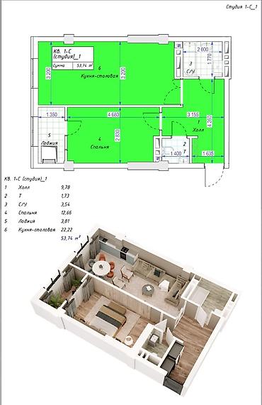 Продажа квартир: 2 комнаты, 54 м², Элитка, 8 этаж, ПСО (под самоотделку) — 7