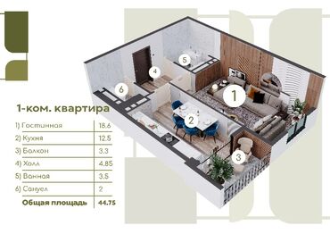 квартира район тунгуч: 1 комната, 44 м², Элитка, 8 этаж, ПСО (под самоотделку)