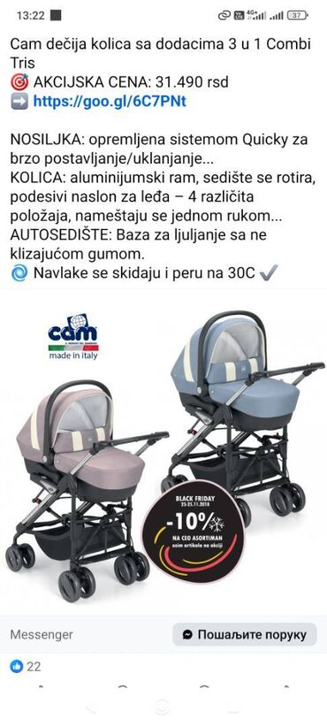 Kolica za bebe: Cam combi tris 3u1, prodaju se bez auto sedišta jer se sedište — 3