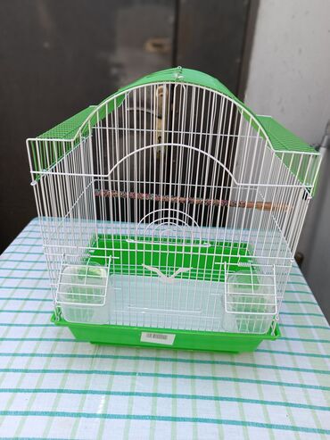 qəfəsler: Bu, quşlar üçün nəzərdə tutulmuş, yaşıl rəngli plastik altlıqlı və ağ