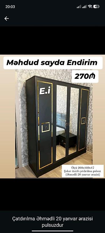 Yeni, 3 qapılı, Güzgülü, Qara, Açılan, Düz dolab