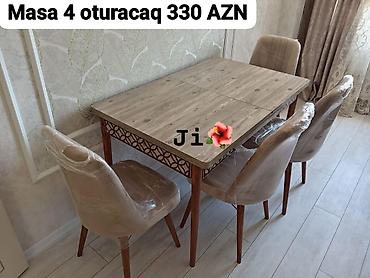 pastel dest: Masa və 4 ədəd oturacaq dəsti - Üst səthi ağac dekorlu düzbucaqlı — 1