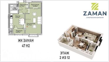 квартира на месяц в бишкеке: 1 комната, 47 м², Элитка, 2 этаж, ПСО (под самоотделку)