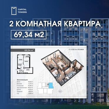 как взять квартиру в рассрочку на 10 лет: 2 бөлмө, 70 кв. м, Элитка, 13 кабат, ПСО (өзү оңдоп түзөтүп бүтүү үчүн)