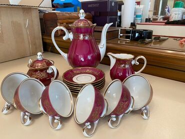 first class cay: Çay dəsti, rəng - Qırmızı, Farfor, Reichenbach, 6 nəfərlik, Almaniya