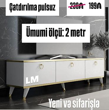 televizor alti dizayn: TV stendi – ümumi ölçü: 2 metr - Rəng: ağ korpus, qızılı dekorativ — 1