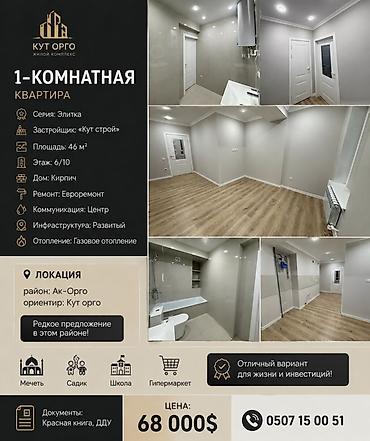 46: 1 комната, 46 м², Ак-Орго ж/м Элитка, 6 этаж, Евроремонт — 1