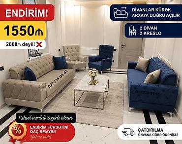 divan kreslo üzlüyü: - Qonaq otağı dəsti: 2 divan + 2 kreslo - Divanların mexanizmi: kürək — 1