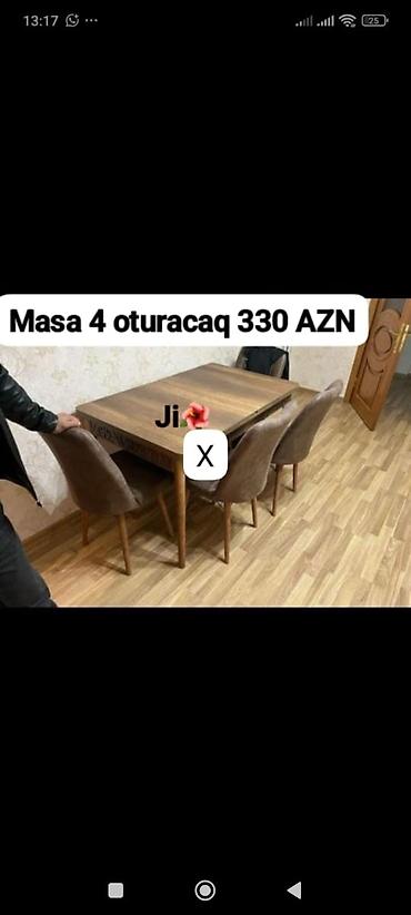 Mətbəx/qonaq otağı üçün masa və 4 ədəd oturacaq dəsti. - Masa: taxta