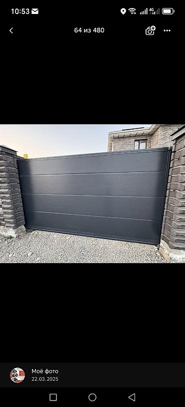 Распашные ворота: Металлические распашные ворота с калиткой (модульные панели) - — 55