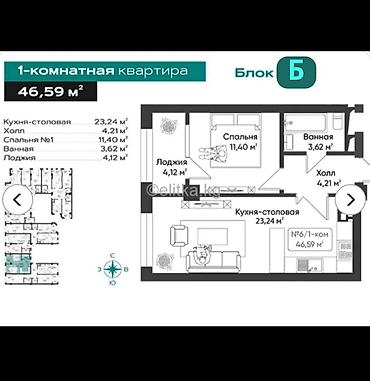 46: 2 комнаты, 46 м², Тунгуч мкр Элитка, 8 этаж, ПСО (под самоотделку) — 2