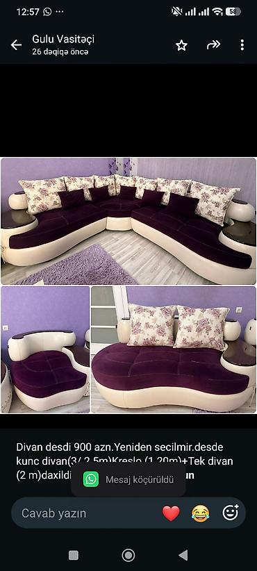 Диваны: Divan desdi 900 azn.Yeniden secilmir.desde kunc divan(3/ 2.5m)Kreslo — 1