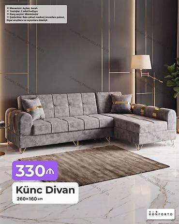 Mebel: Künc divan – 260×160 sm - Mexanizm: açılan, bazalı (yataq funksiyası — 1