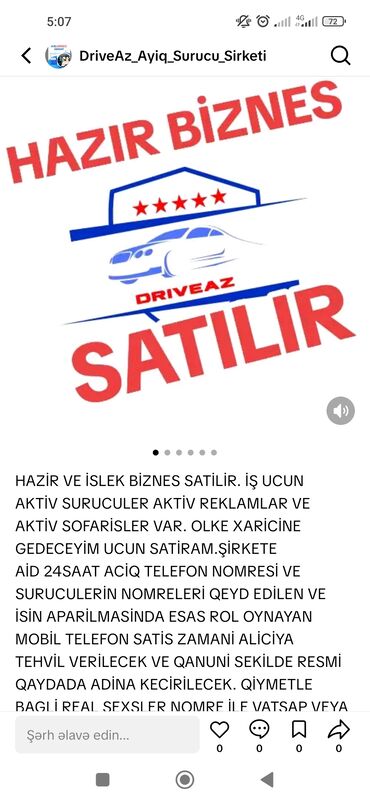 Digər nəqliyyat: Ayiq surucu sirketi satilir. Ciddi sexsler ozune hazir is axtaranlar