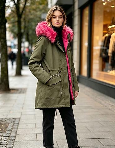 hart jakne: Ženska parka jakna sa krznom – maslinasto zelena sa jarko roze — 2
