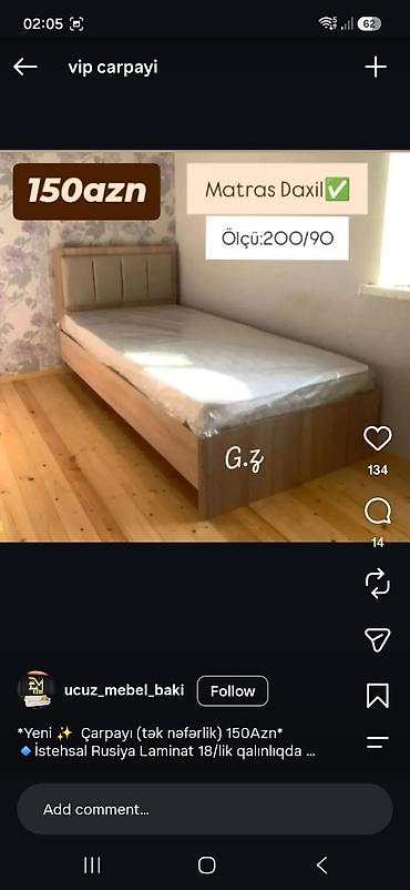 taxta satisi: Tək nəfərlik çarpayı – matrassız deyil, matras daxil - Ölçü: 200×90 sm — 1
