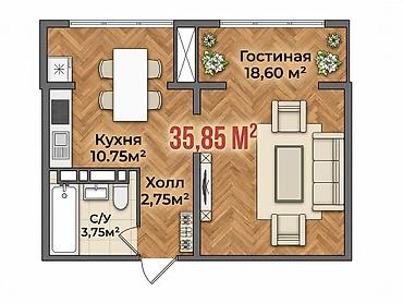 act: 1 комната, 35 м², Аламудун с. 106 серия, 2 этаж, ПСО (под самоотделку) — 1