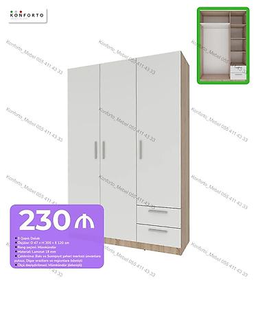 3 qapılı geyim dolabı - Ölçü: D 47 × H 200 × E 120 sm - Material: 18